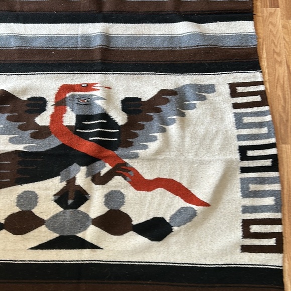 Vintage Mexican wool rug blanket eagle snake brown black stripe fringe boho82x47 - Picture 5 of 16